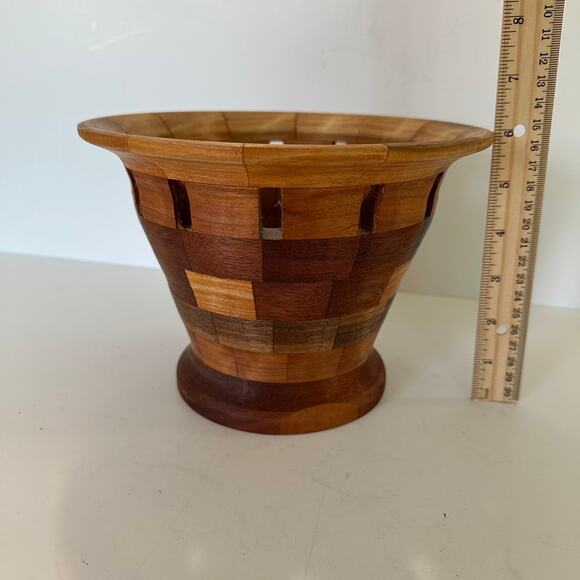Handcrafted Turned Wood  Vase Open Segmented Trim Natural Home Decor 6" Tall - Picture 6 of 7